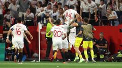 El Sevilla se clasificapara semifinales de la Europa League.Los jugadores del Sevilla celebran su clasificacin para semifinales de la Europa League