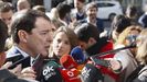 El presidente de Castilla y León, Alfonso Fernández Mañueco, realiza declaraciones a la prensa a su llegada a la Junta Directiva Nacional del PP,