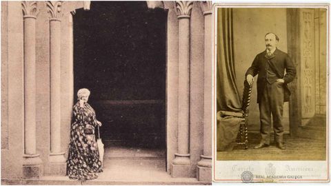 Emilia Pardo Bazán, en la capilla de Meirás. A la derecha, su padre, José Pardo Bazán y Mosquera.