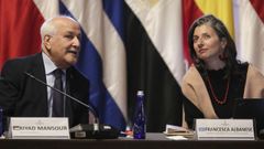 El embajador de Palestina ante la ONU, Riyad Mansour, junto a la relatora de las Naciones Unidas para los territorios palestinos, Francesca Albanese.