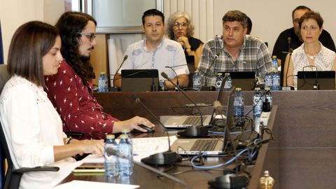 Foto de archivo de una sesin plenaria con la alcaldesa, a la izquierda, en primer trmino, y el portavoz del PP con camisa de cuadros