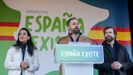 Roc�o Monasterio, Santiago Abascal e Iv�n Espinosa de los Monteros, durante una concentraci�n convocada por su partido e impulsada por la plataforma Espa�a Existe, frente al Ayuntamiento de Madrid
