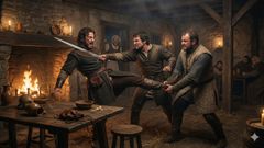 Esta es la propuesta de imagen del momento que nos ha hecho Nano Banana, el generador de imgenes de la IA de Google (Gemini). En una posada castellana de mediados del siglo XIV, Pedro y Enrique se enfrentan en una lucha en la que la intervencin de Bertrand decant la victoria para Enrique, lo que supuso la llegada del apellido Trastmara (un condado gallego) a la Corona castellana.