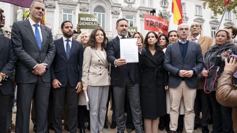 El l�der de Vox, Santiago Abascal, posa con una querella junto a sus diputados en el Tribunal Supremo