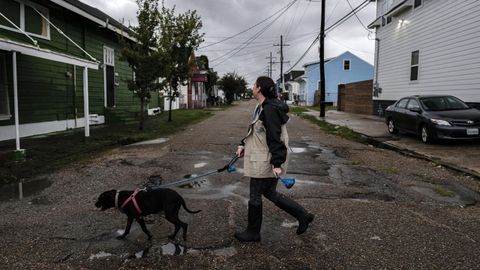 Una mujer sacando a su perro despu�s de los devastadores efectos de hurac�n