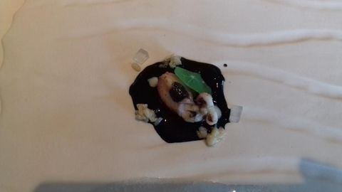 Sepia con l�as de sake y salsa de arroz negro.