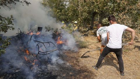 Vecinos tratando de frenar los incendios en Monterrei