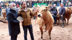 El consejero de Medio Rural y Cohesi�n Territorial, Alejandro Calvo, entrega a Antonio Fern�ndez el premio a la Ternera Novilla tipo cul�n gran campeona

 