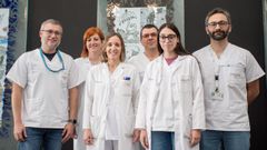 De izquierda a derecha, Jaime Gulín, Patricia Capón, Ana López-Vizcaíno, Ramón Rabuñal, Nerea Rodríguez y Aitor Abuín, especialistas de Farmacia, Microbiología, Infecciosas y Hematología del HULA.