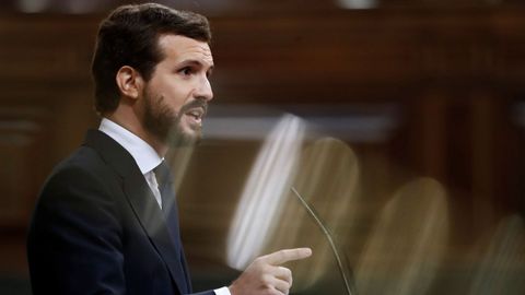 El lder del PP, Pablo Casado, durante su intervencin en la segunda sesin del debate de mocin de censura presentada por Vox