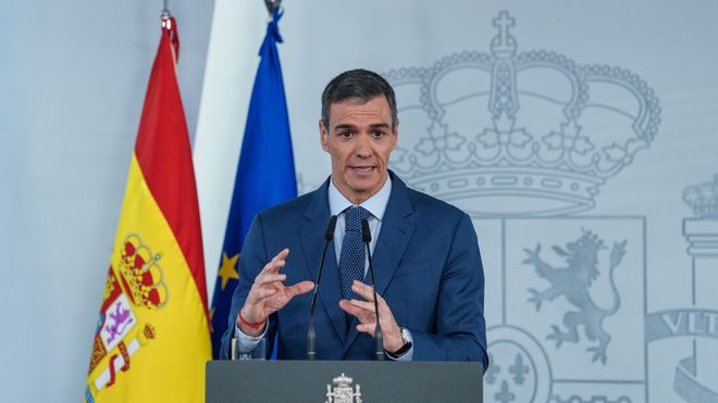 El presidente del Goberno, Pedro S&aacute;nchez, en una rueda de prensa posterior al Consejo de Ministros extraordinario, en la Moncloa, el 20 de marzo, en Madrid.  