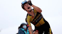 El esloveno Primoz Roglic (Jumbo Visma) celebras tras imponerse en solitario en la 17� etapa de la Vuelta este mi�rcoles, entre Unquera (Cantabria) y los Lagos de Covadonga