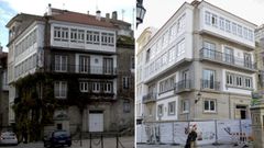 A la izquierda, aspecto del edificio de la plaza de O Parrote en el 2018. a la derecha, su estado actual en el 2025, todava en fase de rehabilitacin