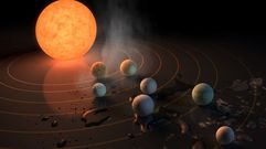 Esta impresi�n art�stica muestra Trappist-1 y sus planetas reflejados sobre una superficie.