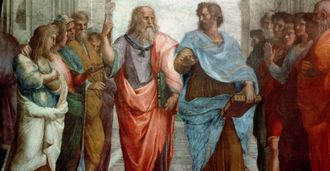 Plat�n ense�ando a Arist�teles, en un detalle del famoso fresco pintado por Rafael �La escuela de Atenas� (1508-1511).