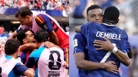Imagen de la izquierda: los jugadores de la selecci�n espa�ola, celebrando como una pi�a uno de sus goles en este Mundial. Foto de la derecha: Mbapp�, abraz�ndose con Dembele tras uno de los tantos de la selecci�n francesa.