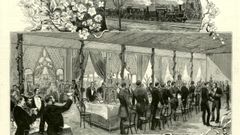 Reproducci�n de un grabado que recoge el momento del brindis en la visita de Alfonso XII a Monforte