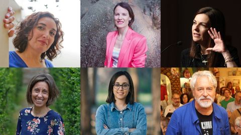 De esquerda a dereita, de arriba abaixo, Ana Varela, Marta Villar, Ledicia Costas, Rosa Aneiros, Sara Vila Alonso e Manuel Rivas, aspirantes ao premio Follas Novas  mellor obra de narrativa publicada no 2024.