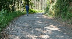 Grandes baches en el estrecho asfalto hacia el coto de Chelo.