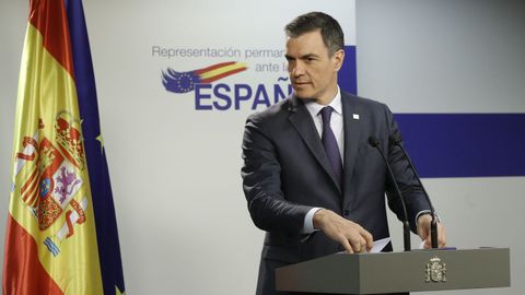 Pedro S�nchez en la conferencia de prensa que ofreci� en Bruselas