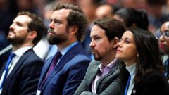 Pablo Casado (PP), Iv�n Espinosa de los Monteros (Vox), Pablo Iglesias (Unidas Podemos) e In�s Arrimadas (Ciudadanos), en una imagen del 2019