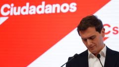 Albert Rivera, durante su comparecencia este lunes en la sede de Ciudadanos en Madrid