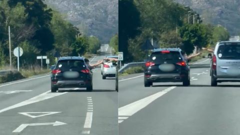 Momento en el que el acompa�ante de un veh�culo pasa la cerveza al conductor del otro en la AC-550