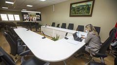 La alcaldesa de Vimianzo, M�nica Rodr�guez, durante la reuni�n telem�tica