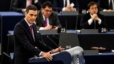 Pedro Sánchez, hoy en su discurso ante el pleno del Parlamento Europeo