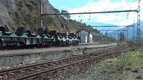 Un tren mercancias pasa por la estaci�n de Malvedo, en Lena