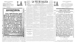Montaje con la primera p�gina del primer n�mero de La Voz de Galicia, publicado el 4 de enero de 1882 (centro),� una peque�a rese�a del primer aniversario del diario (derecha) y la nota de disculpas que aparec�a en los primeros n�meros (izquierda).