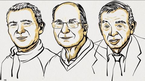 Ilustracin de los tres galardonados con el Nobel de Qumica 2023, Moungi Bawendi, Louis Brus y Alexei Ekimov