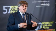 Carles Puigdemont, en el sur de Francia. El expresidente de la Generalitat y lder de Junts, ayer dando una conferencia en la Universidad Catalana de Verano, en Prada de Conflent.