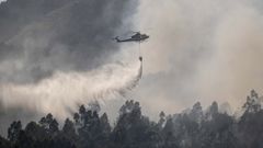 Uno de los helic�pteros que particip� en la extinci�n del incendio declarado este fin de semana en Herb�n.