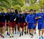 La plantilla del Pontevedra, minutos antes de un entrenamiento en A Xunqueira. 