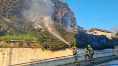 Los bomberos apagando las llamas en el incendio del parque Reina Sof�a de Ferrol