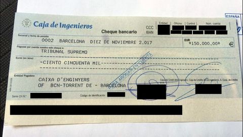 Fotografa facilitada por la ANC del cheque de 150.000 euros que ha ingresado la defensa de Forcadell