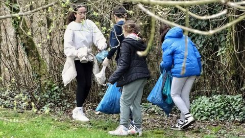 Un grupo de alumnos del IES Torrente Ballester, de Pontevedra, en la accin de limpieza del ro Gafos llevada a cabo dentro del proyecto 