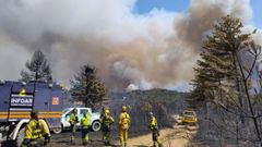 Operarios de Infoar, este s�bado en el incendio forestal de Las Pe�as de Riglos, en la provincia de Huesca.