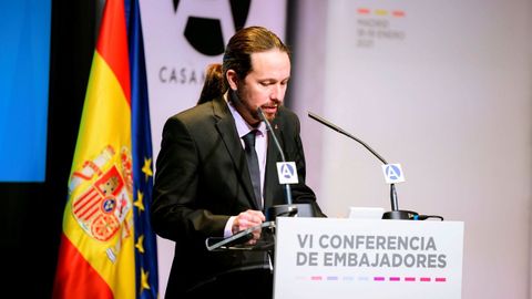 El vicepresidente segundo del Gobierno, Pablo Iglesias, durante su intervencin en la reunin de embajadores de Espaa celebrada este martes