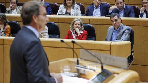 El presidente del Gobierno, Pedro Snchez, en su escao, escuchando la intervencin del lder del PP, Alberto Nez Feijoo, este martes, en el Senado