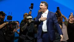 Fl�vio Bolsonaro, durante el acto de proclamaci�n de su candidatura a las presidenciales, en S�o Paulo