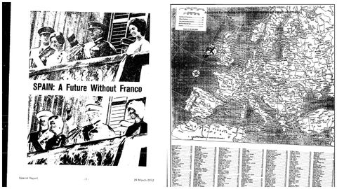 A la izquierda, portada del informe especial de la CIA &laquo;Spain: a future without Franco&raquo; (&laquo;Espa&ntilde;a: un futuro sin Franco&raquo;), publicado en marzo de 1972. A la derecha, mapa de Europa donde Galicia tiene como localidades destacadas a Ourense, A Coru&ntilde;a, Vigo y Ferrol