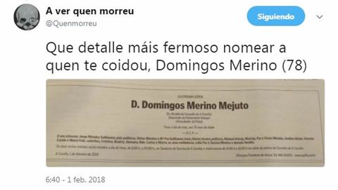 Tuit sobre una de las esquelas publicadas en La Voz con motivo de la muerte del primer alcalde coruñés de la democracia, Domingos Merino
