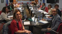 La consejera de Educacin, Lydia Espina (2d), durante la reunin mantenida con los sindicatos ANPE, CSIF, CCOO, UGT y Suatea, convocantes de las huelgas en la enseanza pblica, en una mesa de negociacin a la que las organizaciones llevarn un planteamiento comn de reivindicaciones salariales y laborales