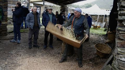 Un vecino hace una demostracin de abandoxo, la separacin de la castaa de su cscara