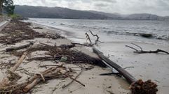 Aspecto de la playa de Cabeceira, junto al banco marisquero de O Ameixal, en Poio, durante estos temporales