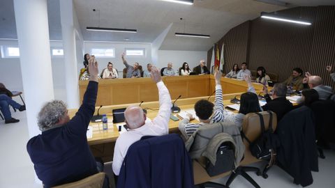 Los concejales del PP (de espaldas) y el del BNG (Tino Alvite, de frente, al fondo), votando no a los presupuestos de Vilalba de este a�o