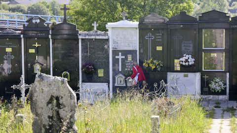 Una vecina de Santa Ic�a coloca flores en un cementerio lleno de maleza, el d�a de la protesta, el pasado 7 de mayo.