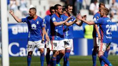 Gol Christian Fernandez Rocha Linares Mossa Real Oviedo Sevilla Atletico Carlos Tartiere.Los futbolistas del Real Oviedo celebran el gol de Christian Fernandez